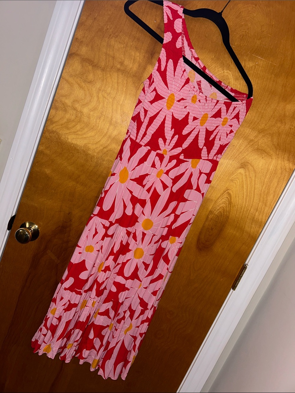 Pink Daisy one shoulder Print Red Rayon Maxi Dress